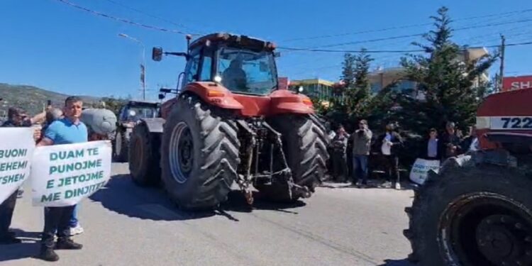 Blegtorët shqiptarë protestojnë me traktorë, “lajnë” me qumësht autostradën Lushnje-Fier