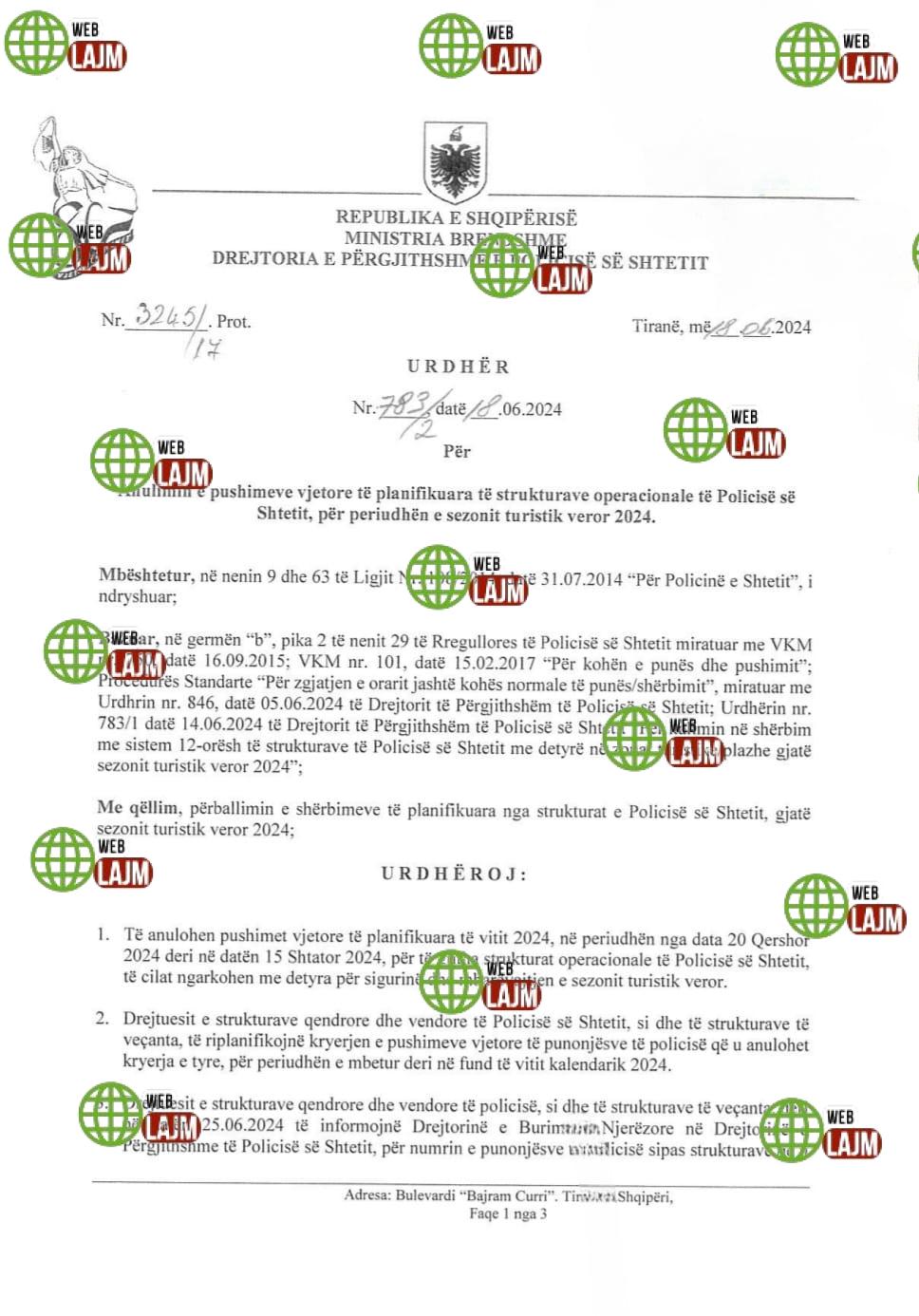 Policia në gadishmëri përgjatë Korrik-Gusht, Pagesa e 4 orëve shtesë, u siguron 3 paga mujore për 2 muaj punë / Dokumenti që anulon lejet